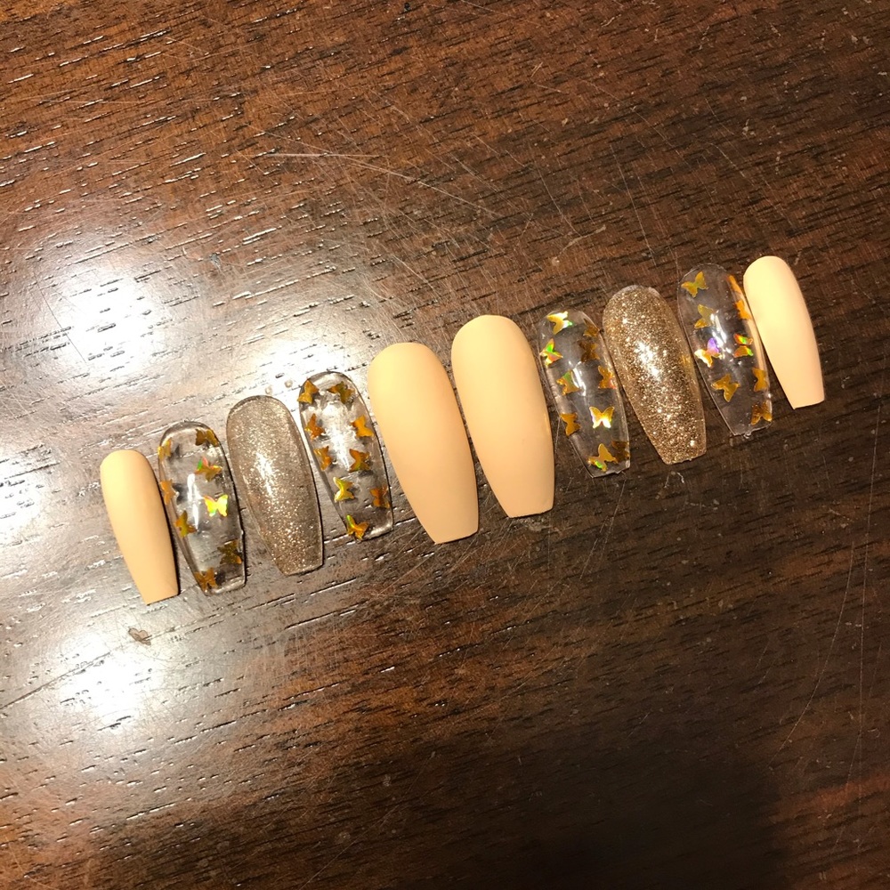 Nude & Gold Holo Butterfly Press on Nails